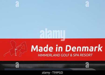 Himmerland, Danimarca - Agosto 23, 2017: Made in Danimarca segno su un pannello. Fabbricato in Danimarca è un tour europeo golf tournament svolto annualmente in Danimarca Foto Stock