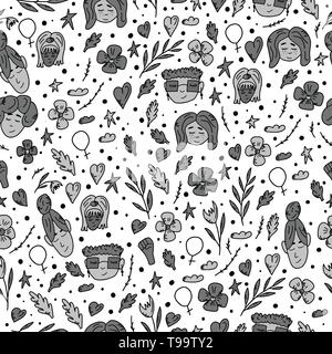 Seamless patern con la donna caratteri e simboli. Sfondo infinito con girl power decorazione. Concetto di vettore illustrazione. Illustrazione Vettoriale