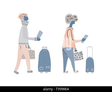 I passeggeri con bagagli. Donna e uomo carattere in stile appartamento. Disegnata a mano vector ragazzo e una ragazza in airport terminal con viaggio elementi isolati su wh Illustrazione Vettoriale