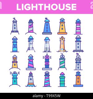 Lighthouse, il faro sul mare di vettore lineare set di icone. Faro e luce segnale Casa Linea sottile simboli di contorno Pack. Sicurezza del marinaio Pittogrammi di avvertimento riuniscono Illustrazione Vettoriale