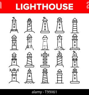 Lighthouse, il faro sul mare di vettore lineare set di icone. Faro e luce segnale Casa Linea sottile simboli di contorno Pack. Sicurezza del marinaio Pittogrammi di avvertimento riuniscono Illustrazione Vettoriale