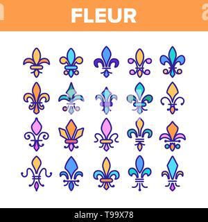 Fleur de Lys, Royalty vettore lineare set di icone. Fleur, giglio francese linea sottile simboli di contorno Pack. Ornato decorazione esterna raccolta pittogrammi. Tr Illustrazione Vettoriale