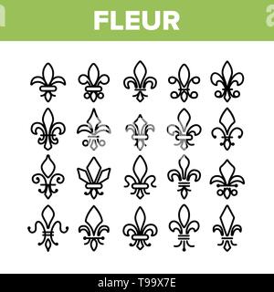 Fleur de Lys, Royalty vettore lineare set di icone. Fleur, giglio francese linea sottile simboli di contorno Pack. Ornato decorazione esterna raccolta pittogrammi. Tr Illustrazione Vettoriale
