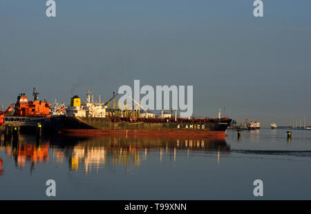 Porto di Rotterdam, Paesi Bassi -2018.07.24 -p rodotto petroliere ormeggiate al serbatoio vopak terminal a europport 7e petroleumhaven al mattino presto hous - Foto Stock