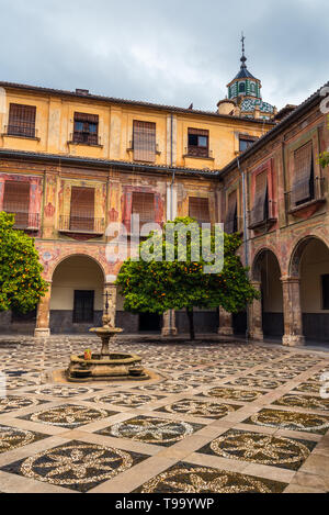 Cortile interno dell'Ospedale San Juan De Dios a Granada, con alberi di arancio e la basilica. Foto Stock