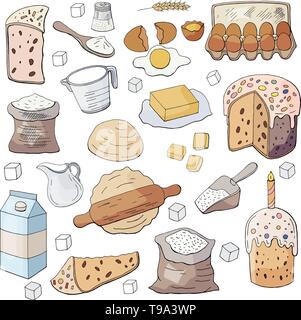 Felici vacanze di Pasqua. Ingredienti per la cottura di torte di Pasqua. Disegnata a mano pasqua doodle collection. Illustrazione Vettoriale