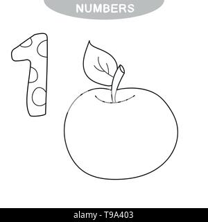 Gioco educativo - Numeri di apprendimento. Il numero uno. Libro da colorare per bambini in età prescolare. Un Apple Illustrazione Vettoriale