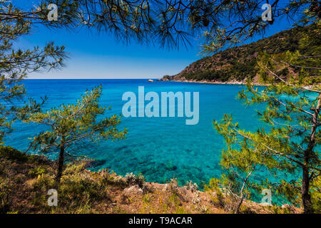 Il pittoresco litorale di tacchino veramente con alberi di verde e azzurro mare Foto Stock