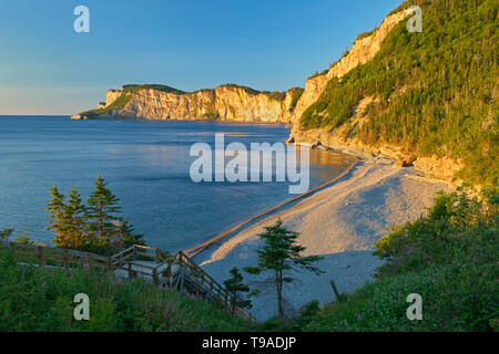 Rcok calcare lungo Cap Gaspé (fondo) da Cap-Bon-Ami in primo piano Forillon National Park Québec Canada Foto Stock