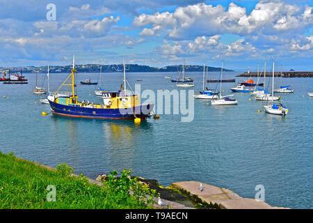 Una vista panoramica attraverso l'ingresso al porto di Brixham verso Torquay. Un assortimento di barche da pesca e imbarcazioni da diporto vengono ormeggiate in acque profonde. Foto Stock