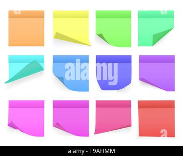 Raccolta di diversi fogli colorati di nota le carte con angolo arricciato e shadow, pronto per il tuo messaggio. Realistiche. Isolato su sfondo bianco. Illustrazione Vettoriale