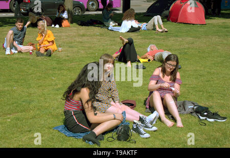 Glasgow, Scotland, Regno Unito, 17 maggio 2019, UK Meteo. Sunny scorcher di un giorno per la gente del posto e i turisti condividono l'erba con i piccioni nel centro civico della città George Square. Credito traghetto Gerard/Alamy Live News Foto Stock