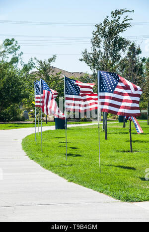 Bandierine americane volare in uno spazio comunitario in Kennewick, Washington. Foto Stock