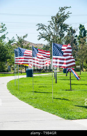 Bandierine americane volare in uno spazio comunitario in Kennewick, Washington. Foto Stock