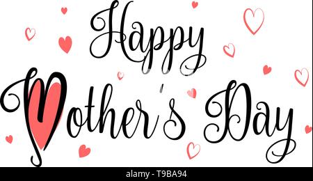 Felice Festa della mamma tipografia con la calligrafia manoscritta testo e cuori Illustrazione Vettoriale
