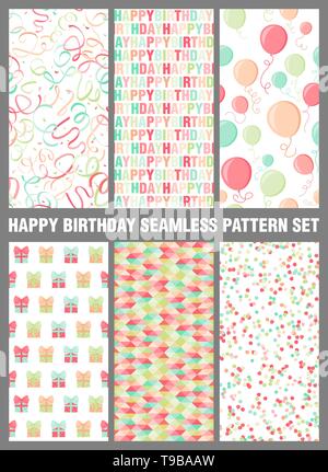 Buon compleanno seamless pattern set di sfondo Illustrazione Vettoriale