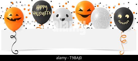 Happy Halloween banner con zucca di palloncini e coriandoli Illustrazione Vettoriale