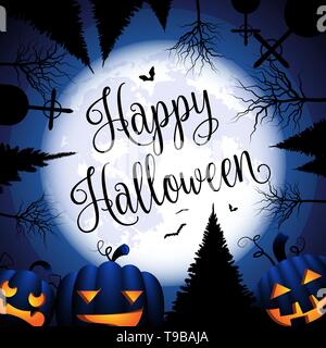 Happy halloween card con zucche, luna e alberi Illustrazione Vettoriale