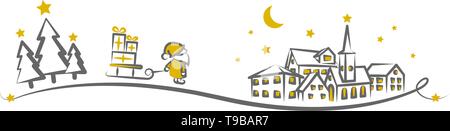 Il villaggio di Natale con albero di natale e di Babbo Natale con i doni Illustrazione Vettoriale