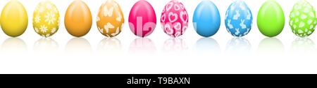 Colorate le uova di pasqua in una riga isolata su sfondo bianco Illustrazione Vettoriale