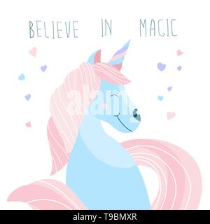 Carino favoloso unicorn con la scritta credono nella magia. I bambini la stampa su una t-shirt. Illustrazione Vettoriale Illustrazione Vettoriale