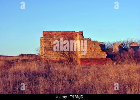 Crimea coquina blocchi di roccia rovinato farm muro a secco, weathered campo di erba con cespugli di bacche di sambuco senza lascia dietro di sé, cielo blu sullo sfondo Foto Stock