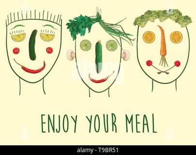 Vettore illustrazione divertenti con facce fatta di frutta e verdura. Godetevi il vostro pasto. Tre caratteri. eps 10 Illustrazione Vettoriale