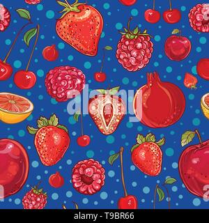 Vettore rosso seamless pattern con frutti e bacche: melograno, fragola, ciliegia, lampone, mela e pompelmo. Illustrazione dei frutti e bacche Illustrazione Vettoriale