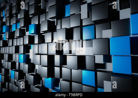 Parete astratta di bianco, nero e blu lucido o cuboidi cubi. Baclground concettuale o sfondo. 3D render illustrazione. Foto Stock