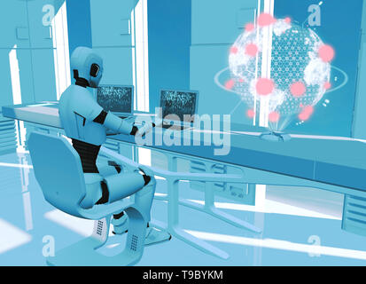 Intelligenza artificiale, robot. Cyborg sul computer. Sci-fi. La fantascienza. La programmazione. Mappa terrestre ologramma. Globo mondo esplosioni. Militare Foto Stock