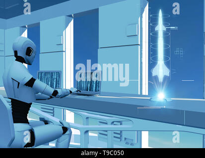 Intelligenza artificiale, robot. Cyborg sul computer. Sci-fi. La fantascienza. La programmazione. Rucola e missile ologramma. La difesa militare Foto Stock