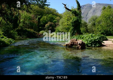 L'Occhio azzurro piscina molla carsico acqua primavera fenomeno naturale e sorgente del fiume Bistrice Albania Foto Stock