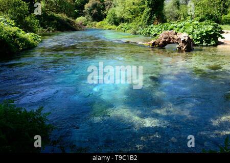 L'Occhio azzurro piscina molla carsico acqua primavera fenomeno naturale e sorgente del fiume Bistrice Albania Foto Stock