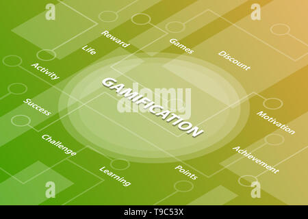 Â€oegamificationâ€ vita parole isometrica, 3d parola concetto di testo con alcune relative testo e dot collegato - illustrazione vettoriale Foto Stock