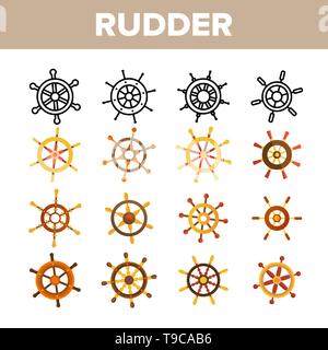Volante, Timone vettore lineare set di icone. Buffone, barca a vela, il timone della nave di linea sottile simboli di contorno Pack. Viaggio marittimo i pittogrammi di navigazione Co Illustrazione Vettoriale