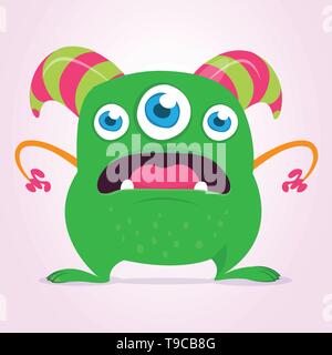 Cool cartoon mostro con tre occhi. Vector Green monster illustrazione. Il design di Halloween Illustrazione Vettoriale