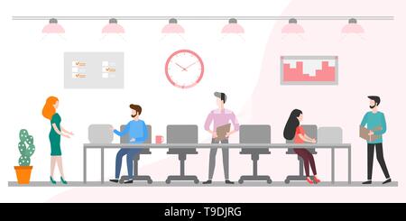 Illustrazione Vettoriale con Office gli uomini e le donne che lavorano insieme. Le persone creative che il lavoro di squadra. Lo spazio in ufficio. Ufficio moderno interno con i dipendenti. Progettazione Illustrazione Vettoriale