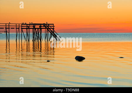 Pier (dock) sul Lago Winnipeg al sunrise MAtlock Manitoba Canada Foto Stock