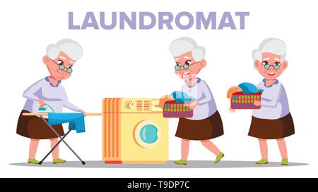 Lavaggio elettrico apparecchio Laundromat vettore. Carattere donna vecchia nonna a secco in lavanderia a gettoni e accarezzare sulla tavola da stiro vestiti. Lavori di casa col Illustrazione Vettoriale