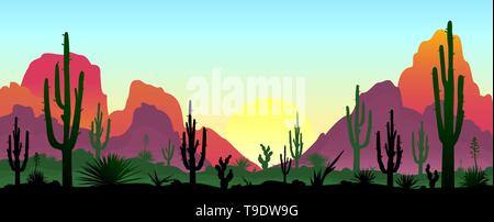 Tramonto nel deserto. Sagome di pietre, cactus e piante. Il paesaggio del deserto con cactus. Il deserto pietroso. Illustrazione Vettoriale