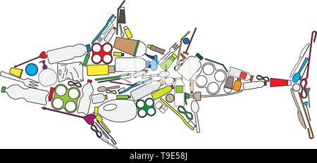 Tonno costruire da colorate rifiuti in plastica isolato su sfondo bianco. Illustrazione Vettoriale