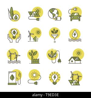 Energia pulita icone realizzate in uno stile piatto e isolate su uno sfondo bianco in vari colori. Illustrazione Vettoriale