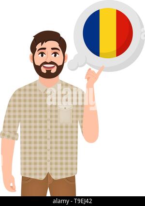 Felice l'uomo barbuto dice o pensa al paese di Romania, paese europeo icona, viaggiatore o turista illustrazione vettoriale Illustrazione Vettoriale