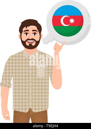 Felice l'uomo barbuto dice o pensa al paese di Azerbaigian, paese europeo icona, viaggiatore o turista illustrazione vettoriale Illustrazione Vettoriale