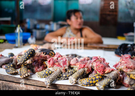 La carne di tartaruga per la vendita su un macellaio di fauna selvatica' stallo a Belen mercato o Mercado Belén a Iquitos in Amazzonia peruviana, Maynas Provincia, Regione di Loreto, Perù Foto Stock