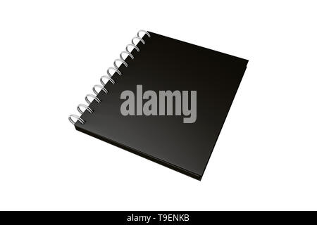 Il rendering 3d, nero vuota mock up notebook a spirale o calendario con ombra e copiare lo spazio per il tuo design, isolato su sfondo bianco. Foto Stock