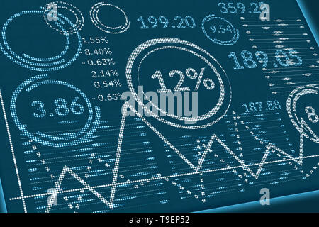 Dati aziendali su pixel schermo. Vista prospettica del monitor del computer o le informazioni di tabella con grafici, diagrammi, coefficienti, diagrammi e simboli Foto Stock