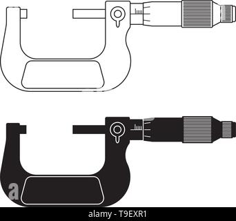 Micrometro esterno. Icone di piatto. Linea sottile e vettore di silhouette Illustrazione Vettoriale