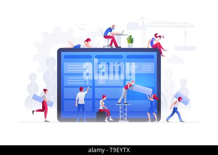 Illustrazione Vettoriale persone stanno lavorando insieme sul grande schermo e la costruzione di una nuove conquiste. Lavoro di squadra Business concetto. Le persone sono caratteri di lavoro Illustrazione Vettoriale