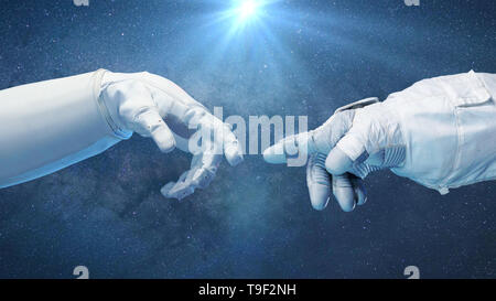 Due vicino a toccare le mani in tute spaziali, Michelangelo toccare pongono (blu spazio 3D rendering, elementi di questa immagine sono arredate dalla NASA) Foto Stock
